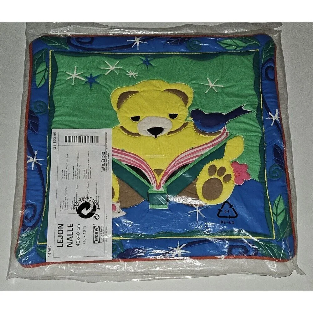 NEW 2 Ikea Lejon Nalle 16x16 Pillow Covers Lot Teddy Bear Reading Book Bird